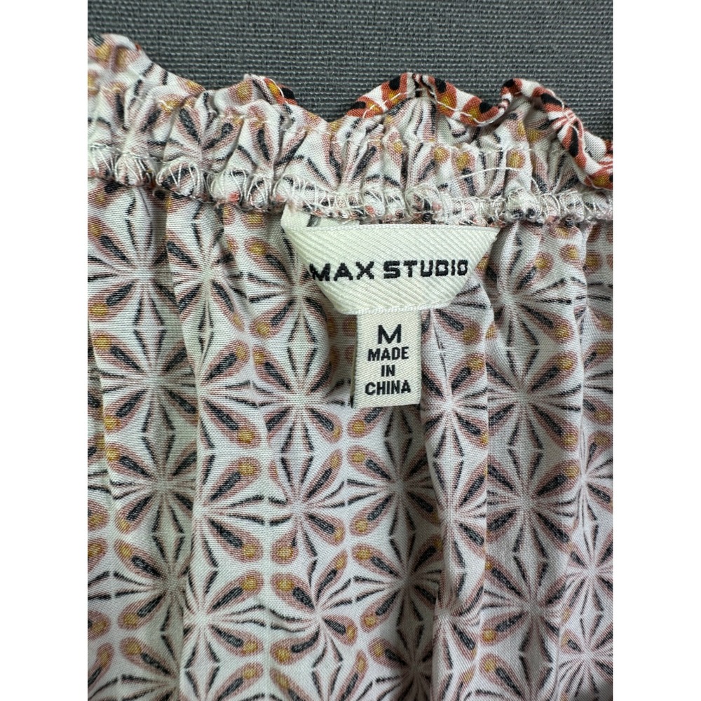 Max Studio Women Medium Geometric Floral Peasant Blouse Tassel Tie Smocked Cuff - Picture 3 of 12